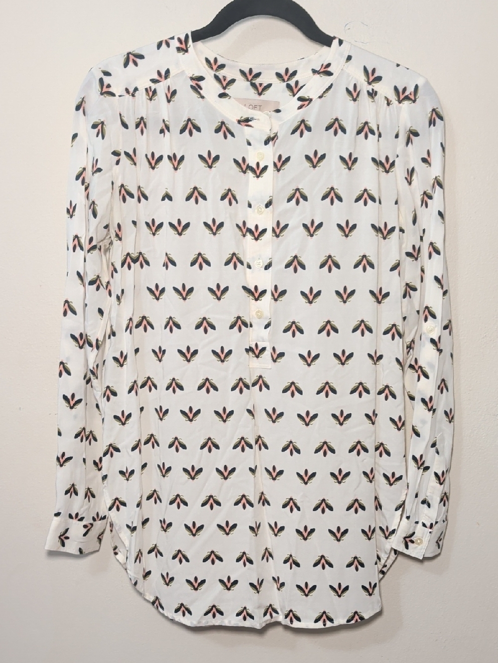 LOFT White Button-Front Tunic Pink Navy Green Firefly Print Rayon Womens Size S